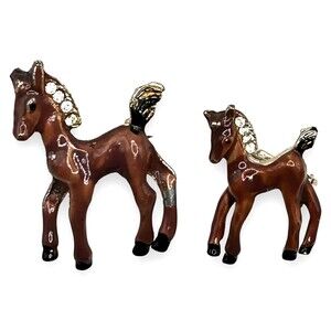 Vintage Horse Enamel Scatter Pin Horse Mare Foal Brown Brooch Set of 2